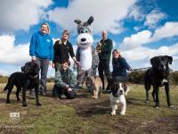 Group of people, dogs and a mascot dog on the heaths