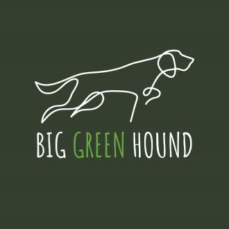 White outline of a dog, on a green background
